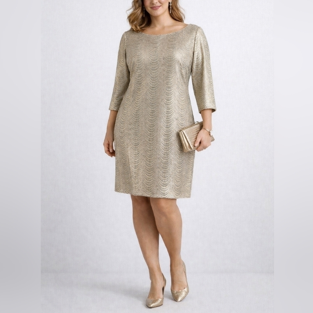 Gold Champagne Metallic Knit Wedding Guest Shift Dress, Formal Cocktail Elegant - Picture 2 of 15